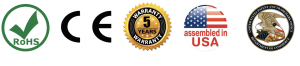 5 year warranty, assembled in the USA, US Patent logos
