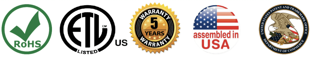 ETL classified, 5 year warranty, assembled in the USA, US Patent logo