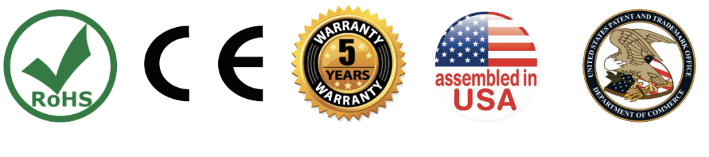 5 year warranty, assembled in the USA, US Patent logos
